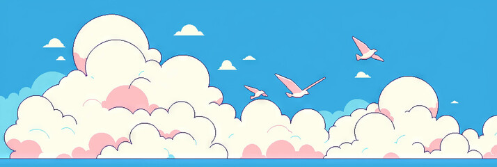Poster - Cute stylized clouds forming animal shapes in a blue sky create a whimsical background
