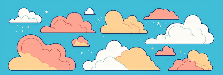 Poster - Cute clouds of various shapes and sizes on a bright blue background explore the sky