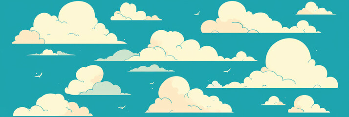 Poster - Cute stylized clouds with varied shapes against a vibrant blue background in a whimsical setting