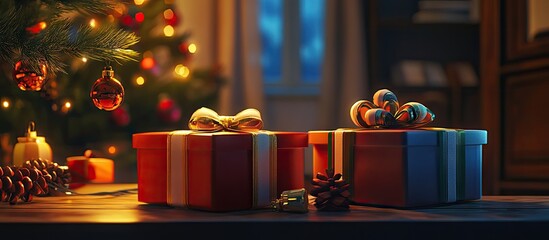 Poster - Festive Christmas scene with colorful gift boxes in front of a glowing Christmas tree decorated with lights and ornaments, warm cozy ambiance.
