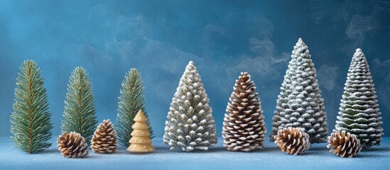 Aufkleber - Festive holiday trees and pine cones arranged on a blue backdrop, showcasing various green and snow-dusted trees, creating a joyful seasonal scene