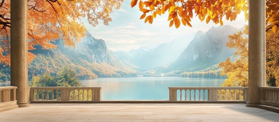 Poster - Tranquil autumn landscape featuring vibrant orange and yellow foliage, serene lake, and distant mountains, viewed from elegant columns.