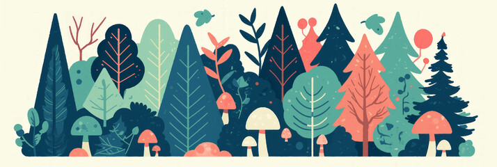Poster - Colorful stylized forests with vibrant trees and whimsical mushrooms for creative backgrounds