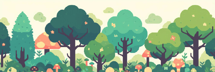 Aufkleber - Cute stylized forests featuring diverse trees and colorful mushrooms in pixel art style