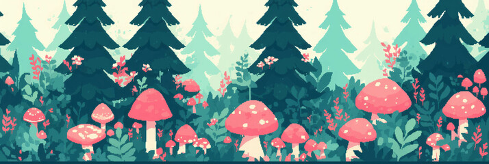 Aufkleber - Charming pixel art forest filled with colorful mushrooms and diverse trees