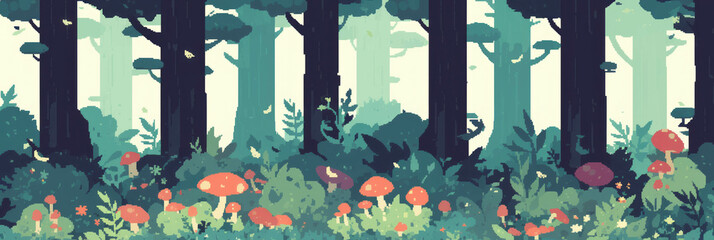 Aufkleber - Stylized forest background featuring colorful mushrooms and diverse trees in pixel art