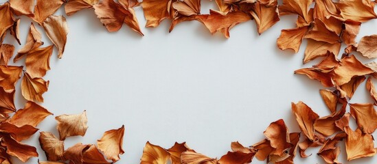 Poster - Autumn dried leaves arranged in a natural frame on a white background creating contrast with warm orange and brown hues in flat lay style.