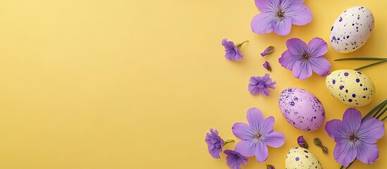 Poster - Easter composition featuring purple flowers and pastel eggs arranged on a vibrant yellow background with ample copy space on the left side.