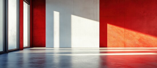 Aufkleber - Spacious room with spotless concrete floor and bold red wall accents, vibrant sunlight casting shadows, enhancing modern design ambiance.