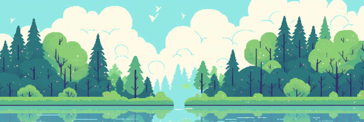 Poster - Stylized lakes reflecting clouds and trees in a vibrant pixel art landscape background