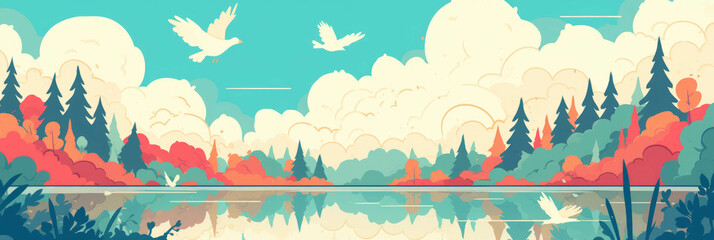 Poster - Stylized lakes reflecting colorful clouds and trees in a serene landscape for banners