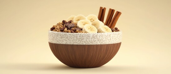 Poster - Chia pudding bowl featuring sliced bananas and granola topped with cinnamon sticks in a light beige background with soft shadows and warm tones.