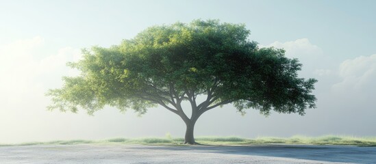 Poster - Lush green tree positioned centrally against a soft light background highlighting its expansive foliage and serene atmosphere in a tranquil park setting