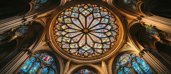 Poster - Intricate circular stained glass rose window featuring colorful patterns, placed centrally against gothic arches and illuminated by soft natural light.