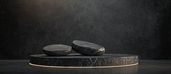 Poster - Black stone sculptures on a round pedestal with a gold trim against a dark textured wall creating a minimalist and elegant atmosphere.