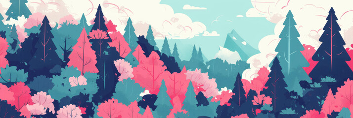 Poster - Vibrant and whimsical landscapes featuring colorful trees and serene skies