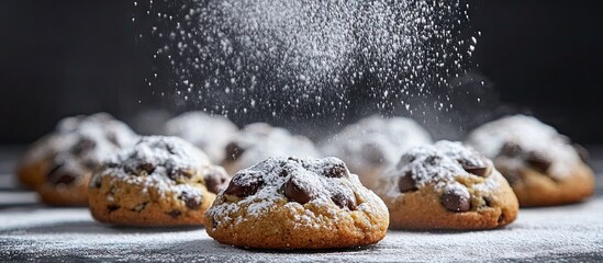 Poster - Delicious chocolate chip cookies with powdered sugar on top displayed on a rustic surface with a blurred dark background creating a festive atmosphere