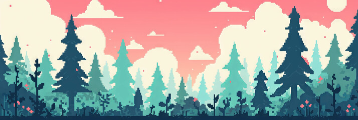 Poster - Vibrant stylized landscape with colorful trees and playful clouds at sunset