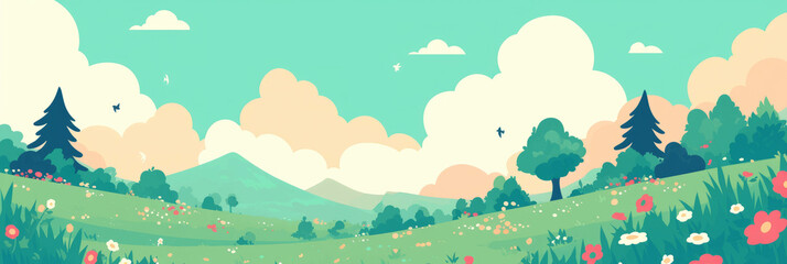 Aufkleber - Cute stylized landscape with rolling hills, vibrant flowers, and fluffy clouds in serene setting