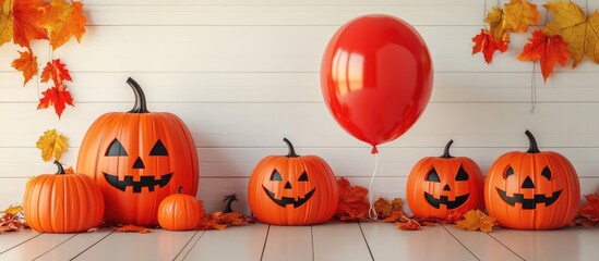 Aufkleber - Vibrant orange and cheerful jack o lanterns with an oversized red balloon on white wooden planks surrounded by autumn leaves in a festive display
