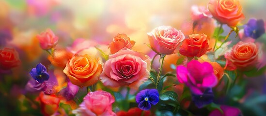 Poster - Vivid roses and violets in a blurred background create a colorful floral scene with bright pink, red, and violet hues providing a cheerful ambiance.