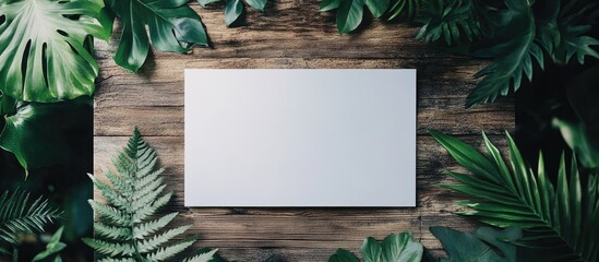 Leinwandbilder - Blank white canvas on a rustic wooden table with lush green leaves framing the edges, ideal for adding custom text or messages.