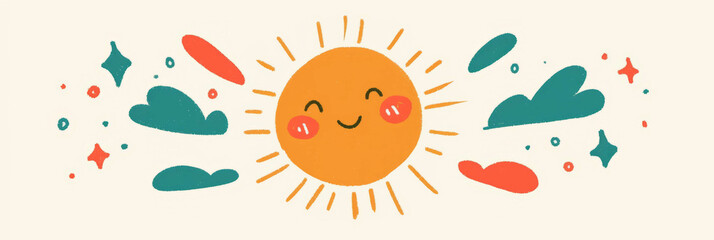 Poster - Charming stylized sun with a joyful expression and vibrant rays radiating warmth