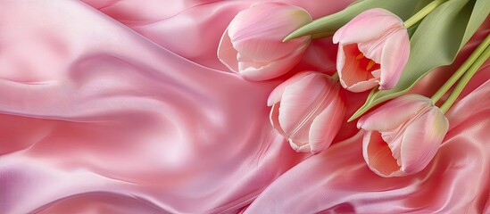 Aufkleber - Delicate pink tulips arranged atop soft flowing satin fabric in shades of light pink and blush, creating a serene romantic composition.