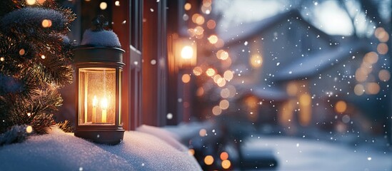 Aufkleber - Cozy winter evening scene featuring a glowing lantern on a snow-covered ledge with softly falling snowflakes and blurred festive lights in the background.