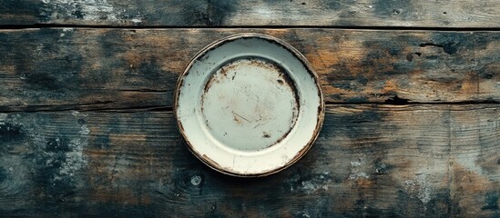 Poster - Birds eye view of an empty vintage plate on a rustic weathered wooden table featuring gray and brown tones highlighting texture and charm