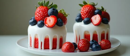 Poster - Two mini cakes with dripped white icing topped with fresh strawberries and blueberries, placed on a white plate against a light background.