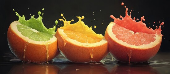 Poster - Vibrant grapefruit halves in orange, green, and yellow showcase juicy splashes against a dark background highlighting freshness and texture.