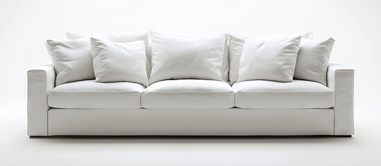 Poster - Spacious minimalist living room featuring a large white sofa with plush pillows against a neutral backdrop, emphasizing modern elegance and comfort.