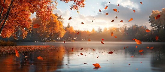 Poster - Autumn landscape with vibrant orange and yellow leaves falling onto a serene lake reflecting soft clouds and a colorful sky at sunset.