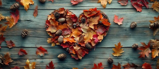 Aufkleber - Autumn heart shape made from colorful leaves with acorns and pine cones on rustic wooden boards creating a warm seasonal flat lay ambiance