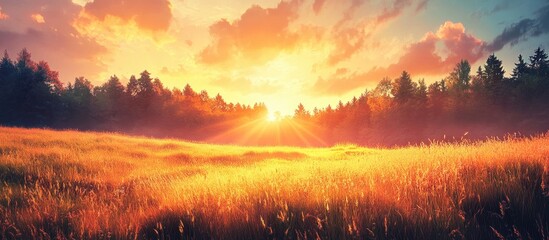Poster - Vibrant sunset casting warm orange and pink hues over a tranquil forest and golden meadow creates an enchanting summer landscape scene