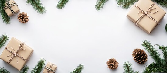 Poster - Gift boxes wrapped in brown paper with twine surrounded by pine branches and pine cones on a white background creating a festive atmosphere
