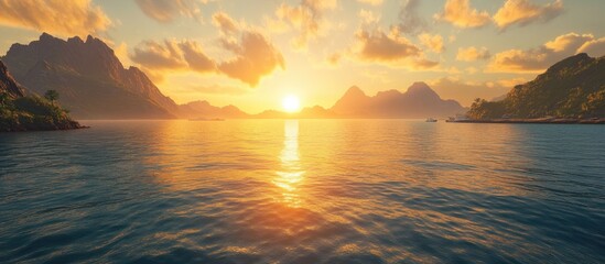Aufkleber - Warm sunrise illuminating a tranquil ocean with soft golden reflections and vibrant blue waters beneath a sky filled with fluffy clouds and mountains.