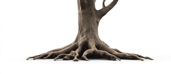 Aufkleber - Large gnarled tree roots in natural brown tones spread out over a clean white background showcasing intricate texture and organic shapes.