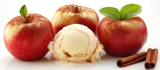 Poster - Baked red apples with golden accents, one scoop of vanilla ice cream in center, cinnamon sticks on white background create a warm dessert scene.