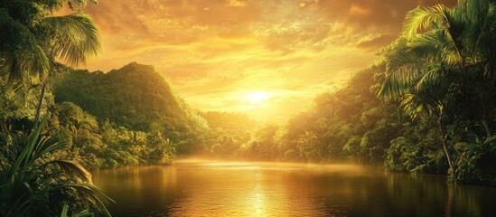 Fototapete - Tranquil sunset over lush green hills reflecting on calm water, warm golden hues contrasting with deep greens, serene tropical landscape scene.