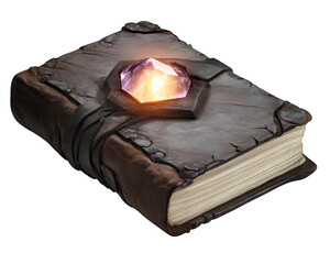 magical grimoire bound in leather with glowing gemstone on cover, exuding aura of mystery and enchantment