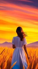 Wall Mural - woman in white dress standing in golden field at sunset, with vibrant sky and mountains in backgroun