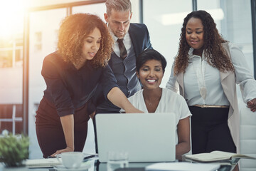 Aufkleber - News, finance or business people in meeting with laptop for feedback, discussion or teamwork. Corporate report, smile or financial advisor talking to economists for economy growth or collaboration