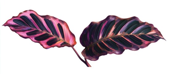 Poster - Vibrant Calathea lutea leaves in dark green and deep purple hues, elegantly arranged on the left, with a clean white background creating contrast.
