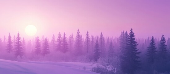 Aufkleber - Serene winter sunrise over a purple-hued forest with tall evergreen trees silhouetted against a tranquil morning sky in soft pastel tones.