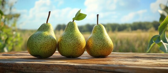 Poster - Fresh green pears on a rustic wooden table in a tranquil garden under a sunny sky with soft clouds and lush greenery in the background.