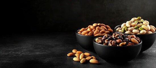 Poster - Assorted nuts in black bowls featuring cashews, hazelnuts, pecans, almonds, Brazilian nuts, and pistachios on a dark stone background.