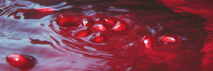 Poster - Swirls of dark red milk blending with pomegranate seeds in a captivating top view