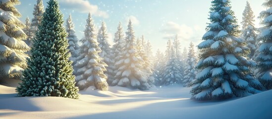 Aufkleber - Winter wonderland scene with snow-covered Christmas trees bathed in soft sunlight and surrounded by a serene snowy landscape and gentle snowfall.